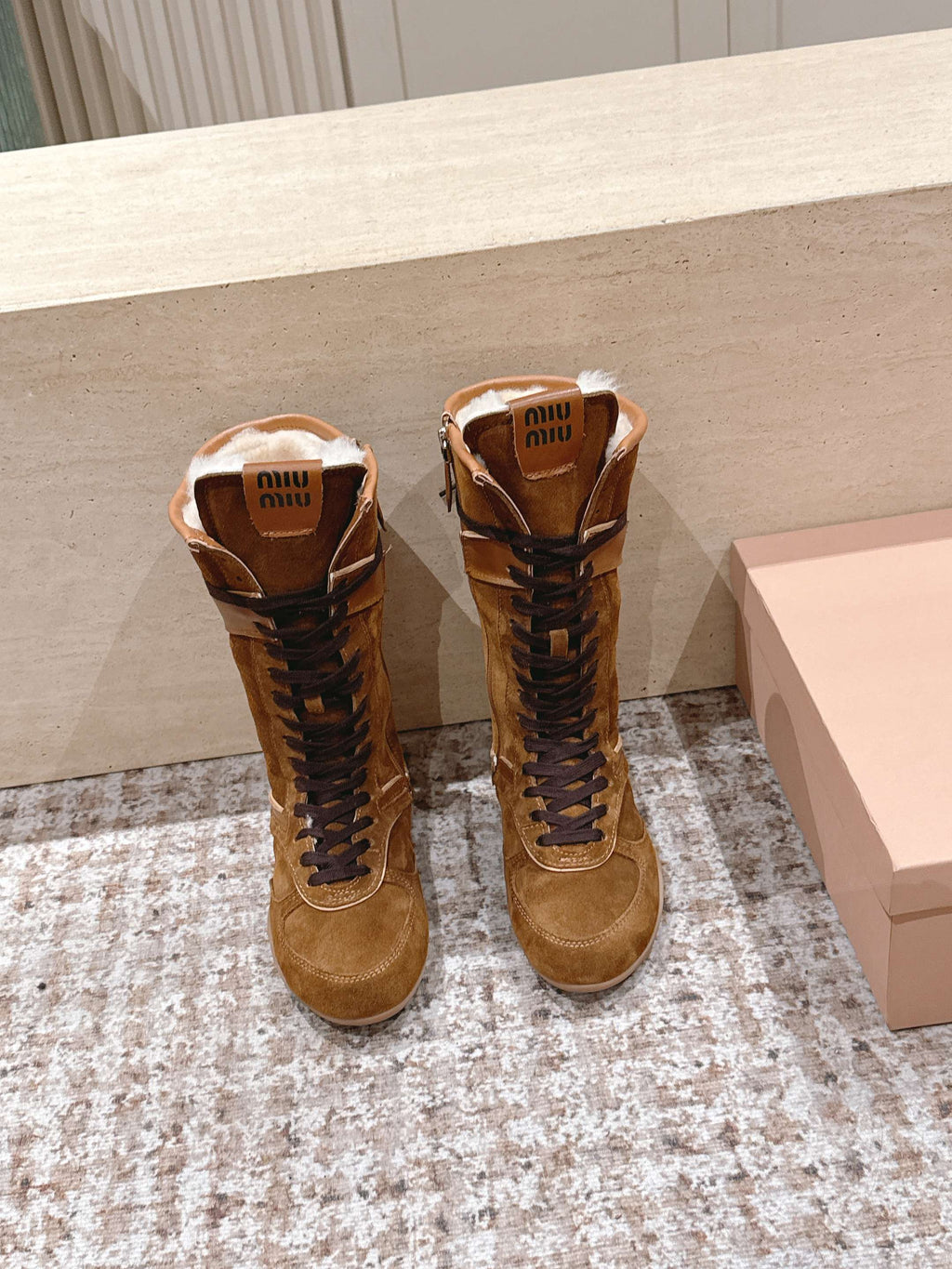 MIUMIU 25S ANKLE BOOTS IN CARAMEL BROWN SUEDE WITH SHEARLING