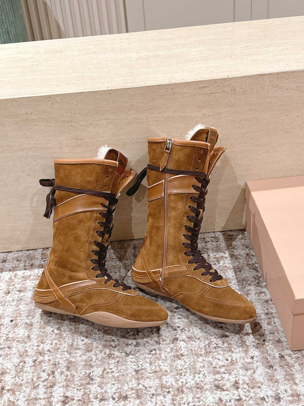 MIUMIU 25S ANKLE BOOTS IN CARAMEL BROWN SUEDE WITH SHEARLING