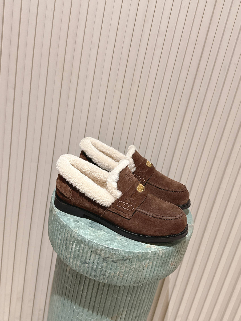 MIUMIU 25S PENNY LOAFERS 20MM IN DARK BROWN SUEDE WITH SHEARLING