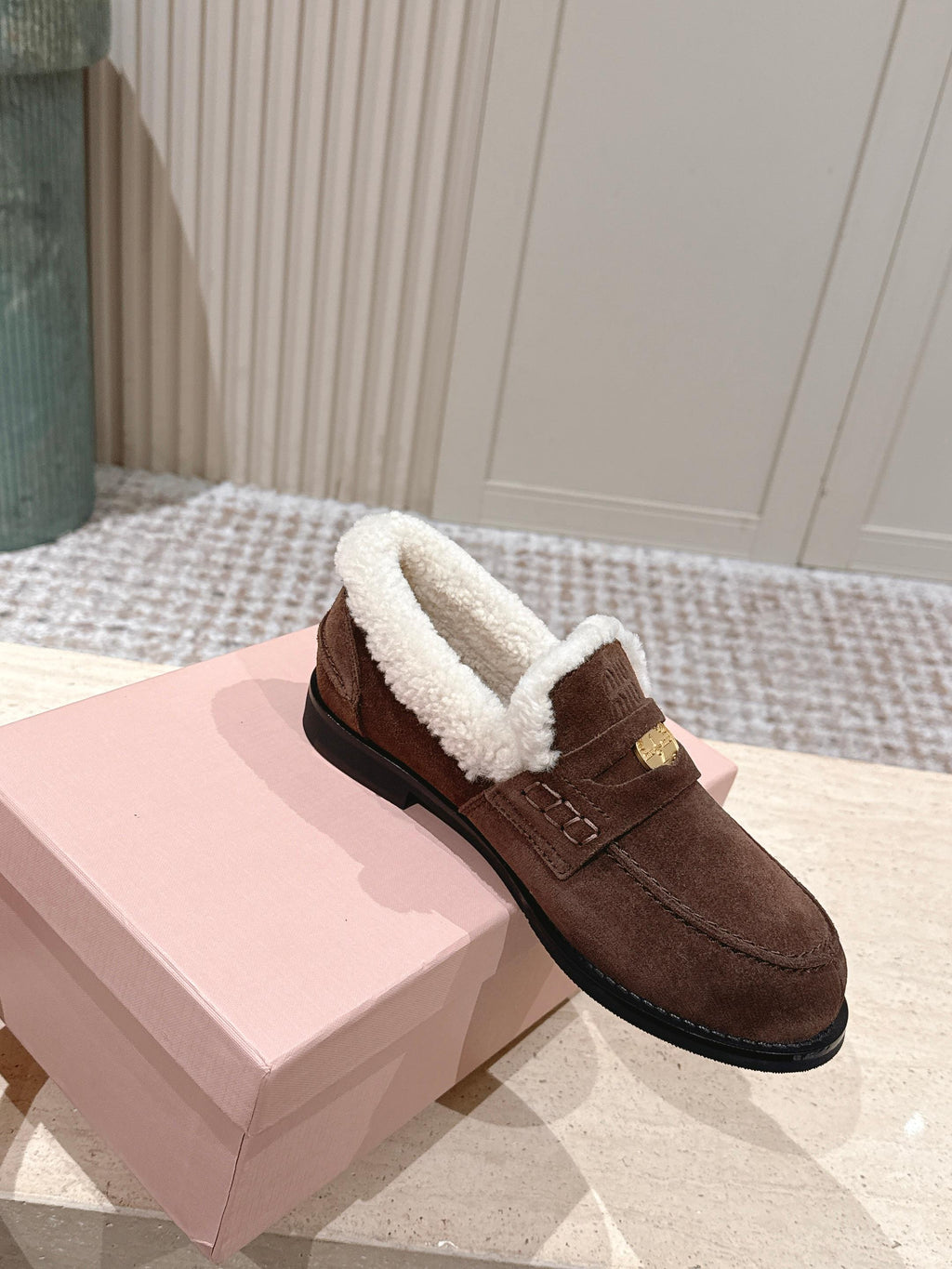 MIUMIU 25S PENNY LOAFERS 20MM IN DARK BROWN SUEDE WITH SHEARLING