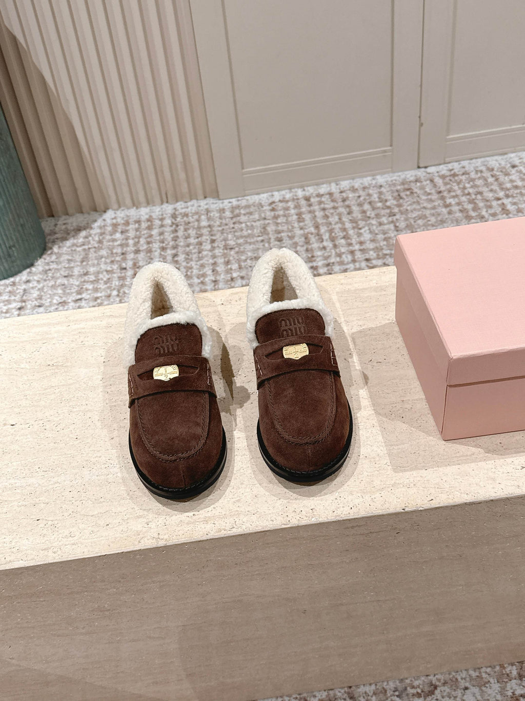 MIUMIU 25S PENNY LOAFERS 20MM IN DARK BROWN SUEDE WITH SHEARLING