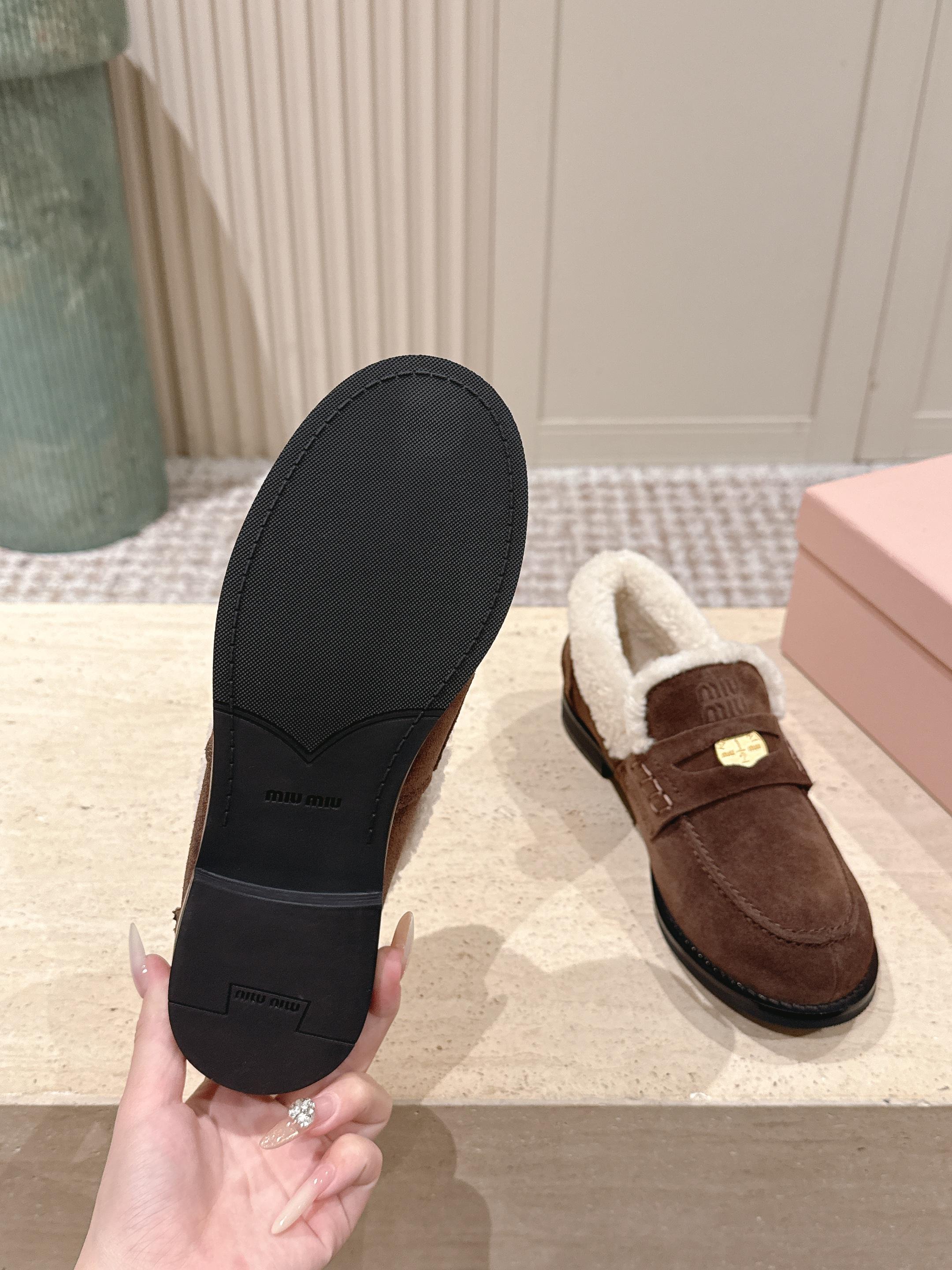MIUMIU 25S PENNY LOAFERS 20MM IN DARK BROWN SUEDE WITH SHEARLING