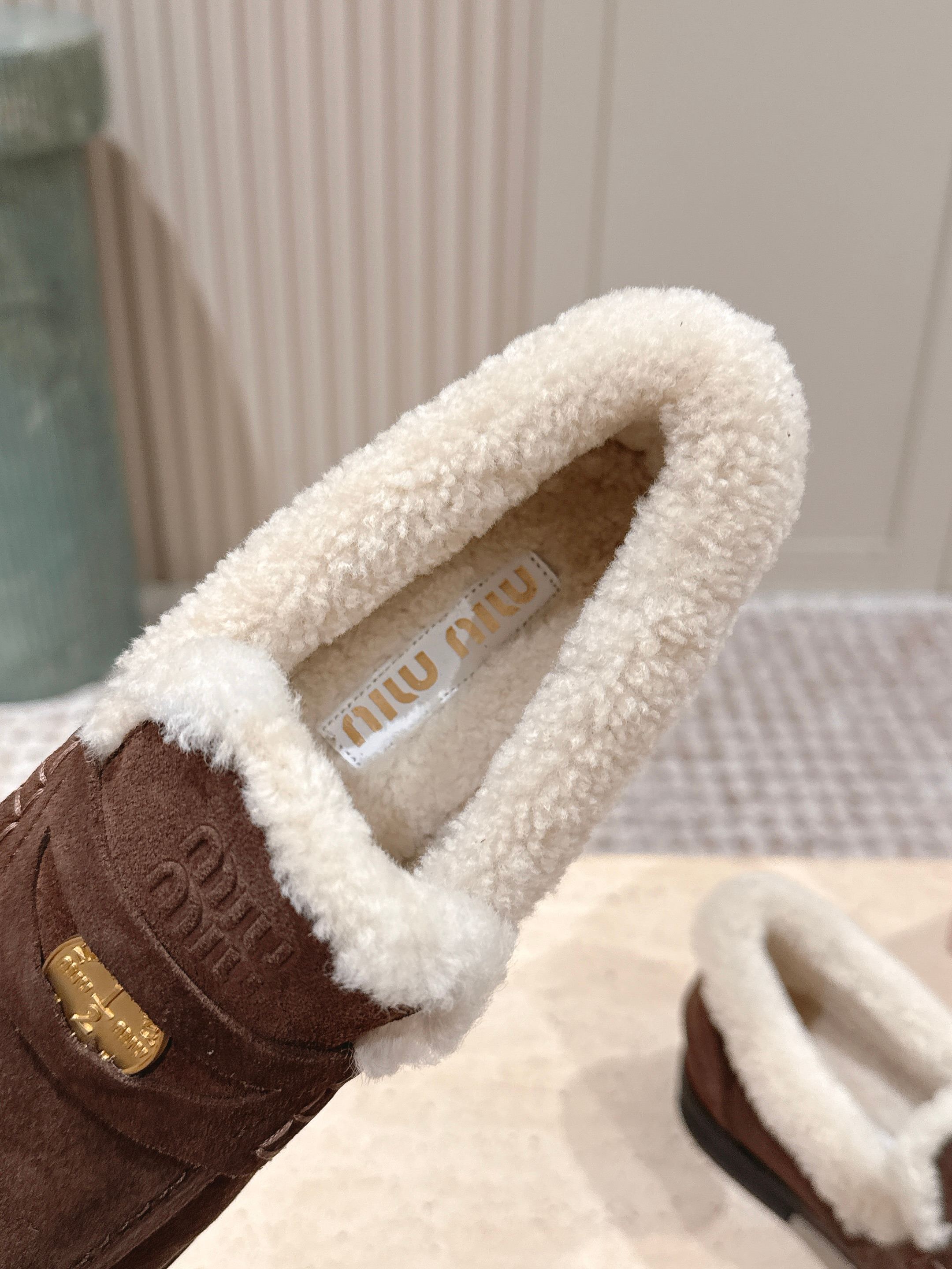 MIUMIU 25S PENNY LOAFERS 20MM IN DARK BROWN SUEDE WITH SHEARLING