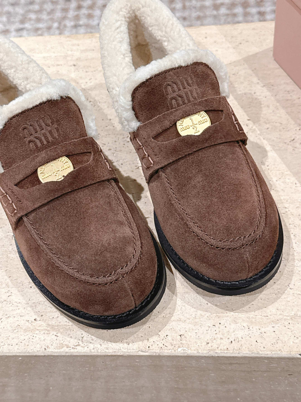 MIUMIU 25S PENNY LOAFERS 20MM IN DARK BROWN SUEDE WITH SHEARLING