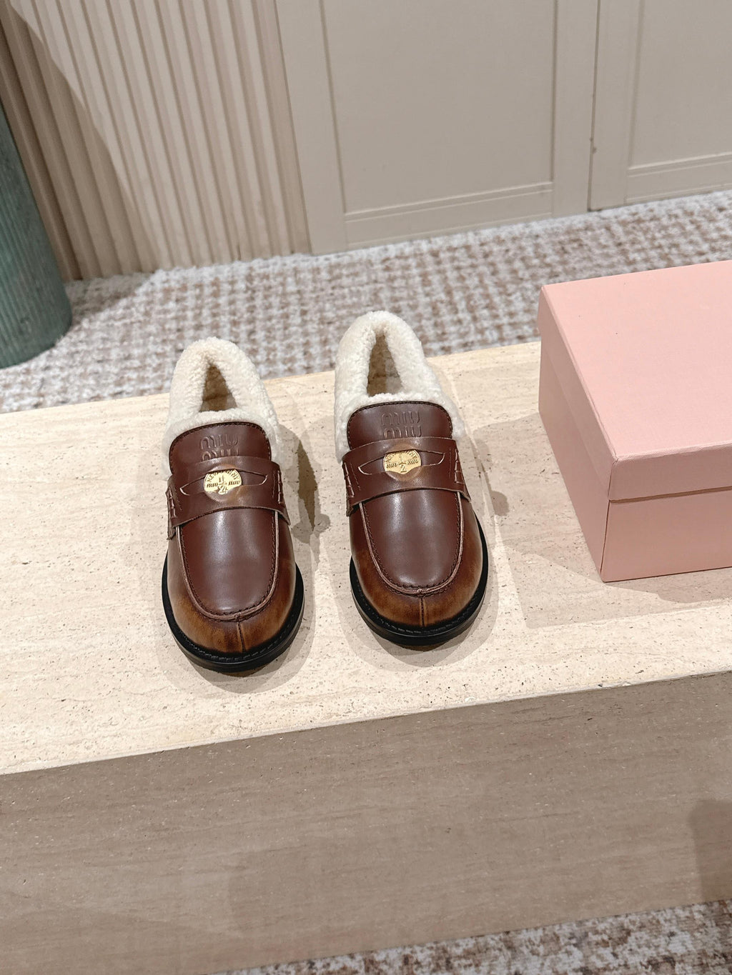MIUMIU 25S PENNY LOAFERS 20MM IN EBONY BROWN BLEACHED CALFSKIN WITH SHEARLING