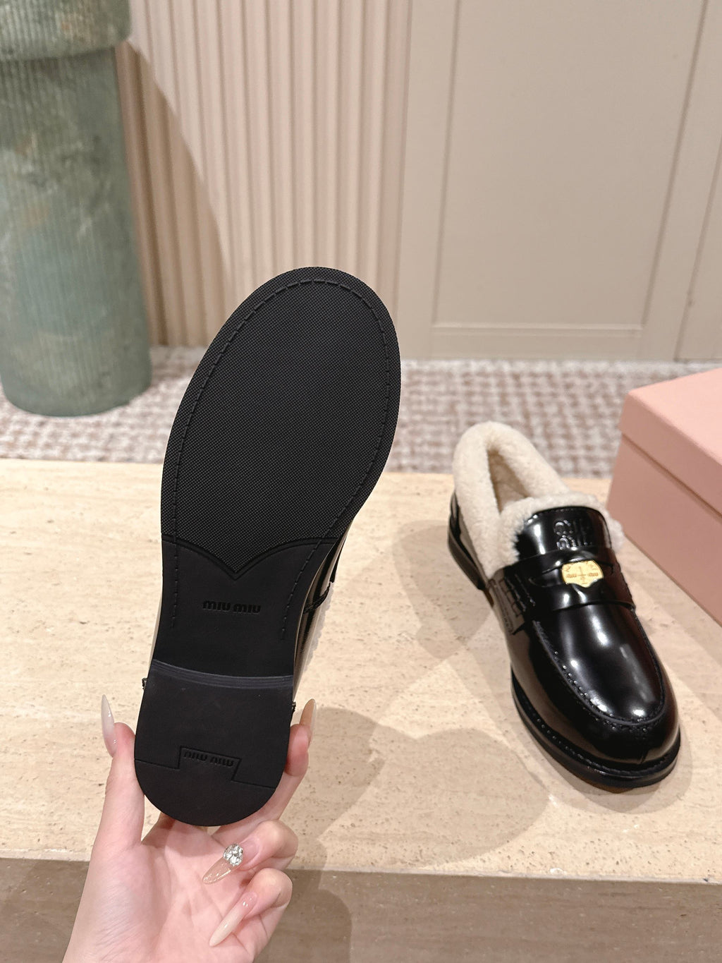 MIUMIU 25S PENNY LOAFERS 20MM IN BLACK PATENT CALFSKIN WITH SHEARLING