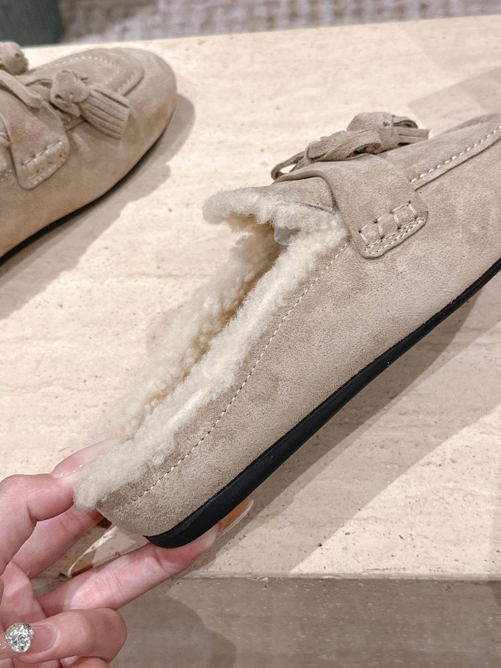 MIUMIU 25S MULES IN DESERT BEIGE SUEDE WITH SHEARLING