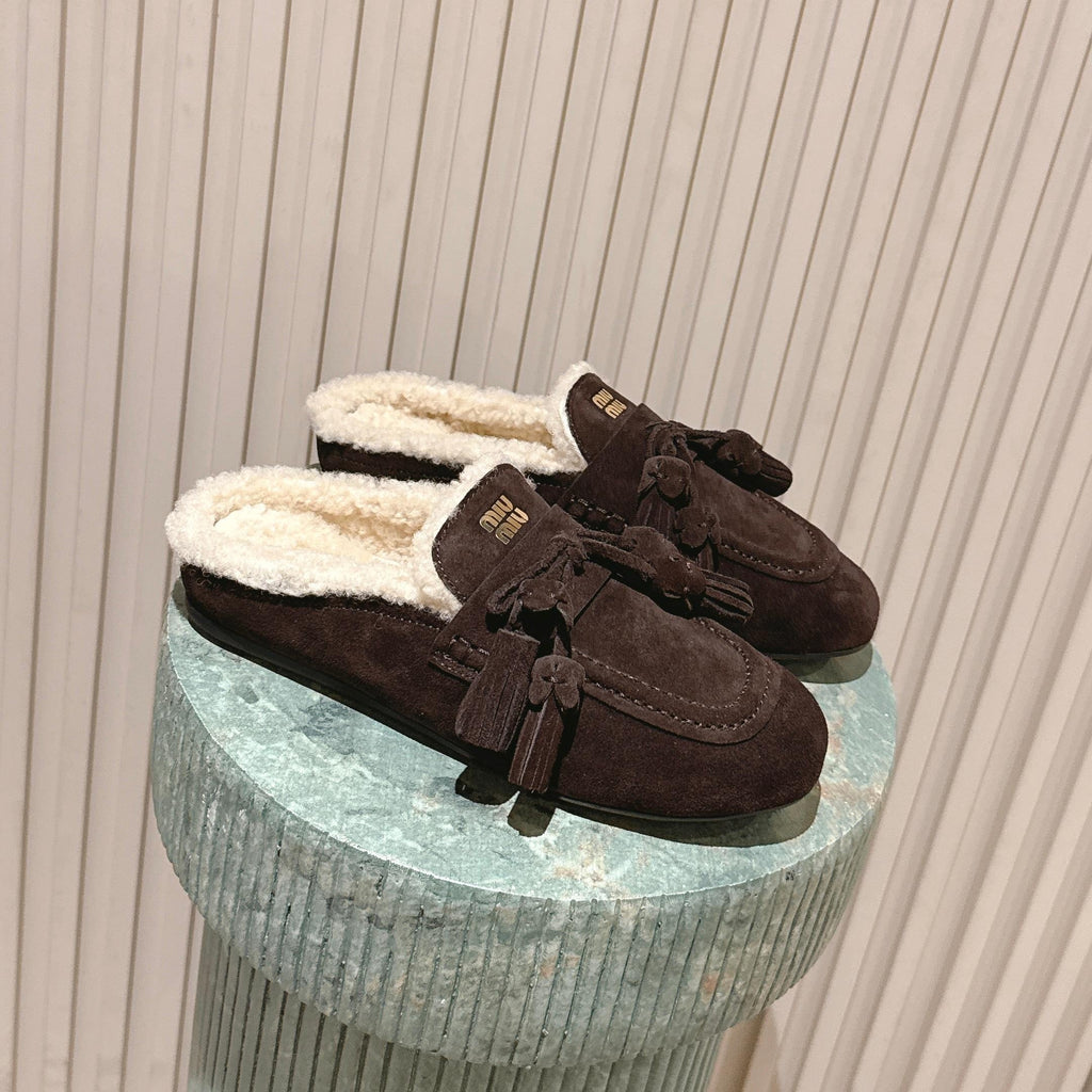 MIUMIU 25S MULES IN DARK BROWN SUEDE WITH SHEARLING