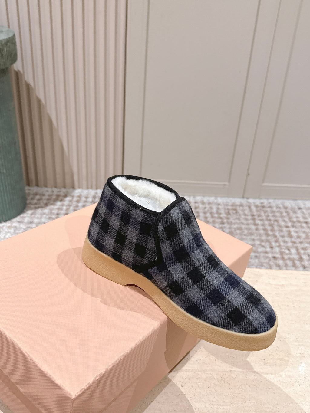 MIUMIU 25S SLIP-ON BOOTIES IN BLACK AND BLUE WOOL WITH SHEARLING