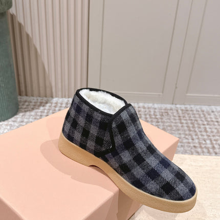MIUMIU 25S SLIP-ON BOOTIES IN BLACK AND BLUE WOOL WITH SHEARLING