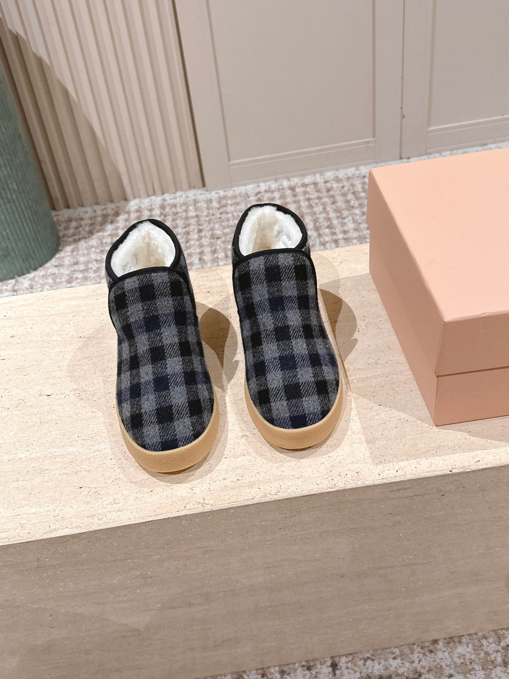 MIUMIU 25S SLIP-ON BOOTIES IN BLACK AND BLUE WOOL WITH SHEARLING