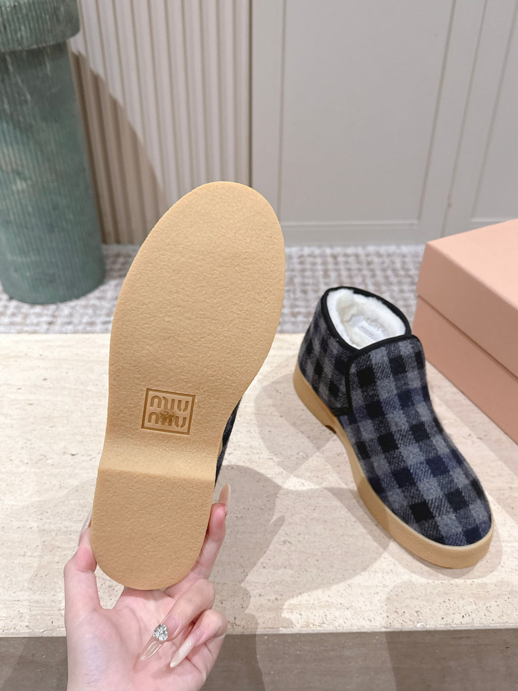 MIUMIU 25S SLIP-ON BOOTIES IN BLACK AND BLUE WOOL WITH SHEARLING