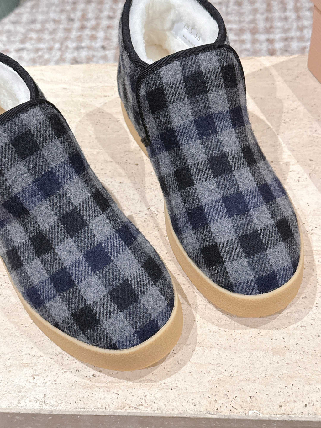 MIUMIU 25S SLIP-ON BOOTIES IN BLACK AND BLUE WOOL WITH SHEARLING