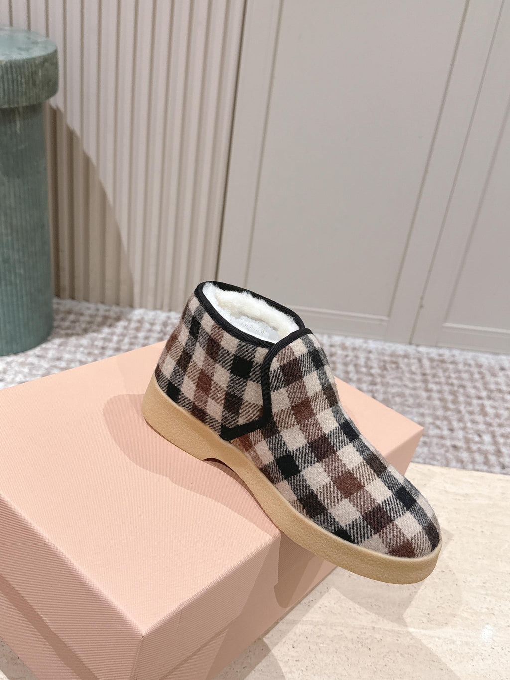 MIUMIU 25S SLIP-ON BOOTIES IN CAMEL BEIGE AND BLUE WOOL WITH SHEARLING