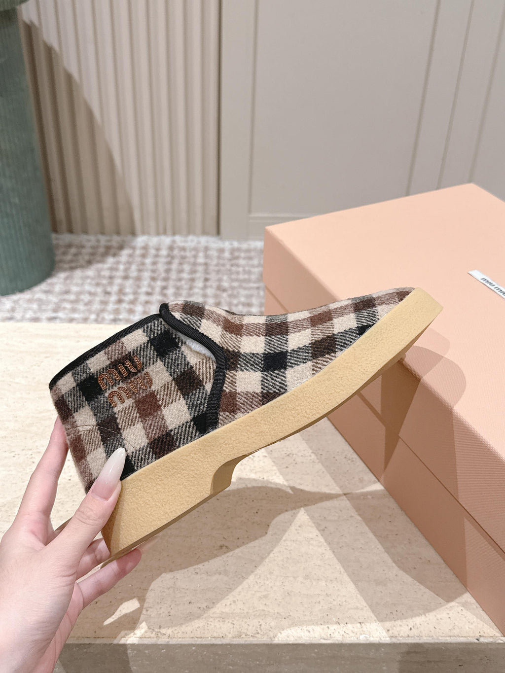 MIUMIU 25S SLIP-ON BOOTIES IN CAMEL BEIGE AND BLUE WOOL WITH SHEARLING