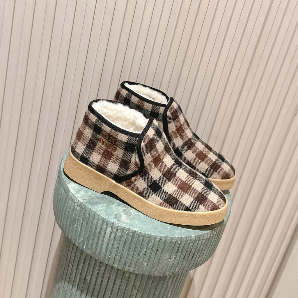 MIUMIU 25S SLIP-ON BOOTIES IN CAMEL BEIGE AND BLUE WOOL WITH SHEARLING