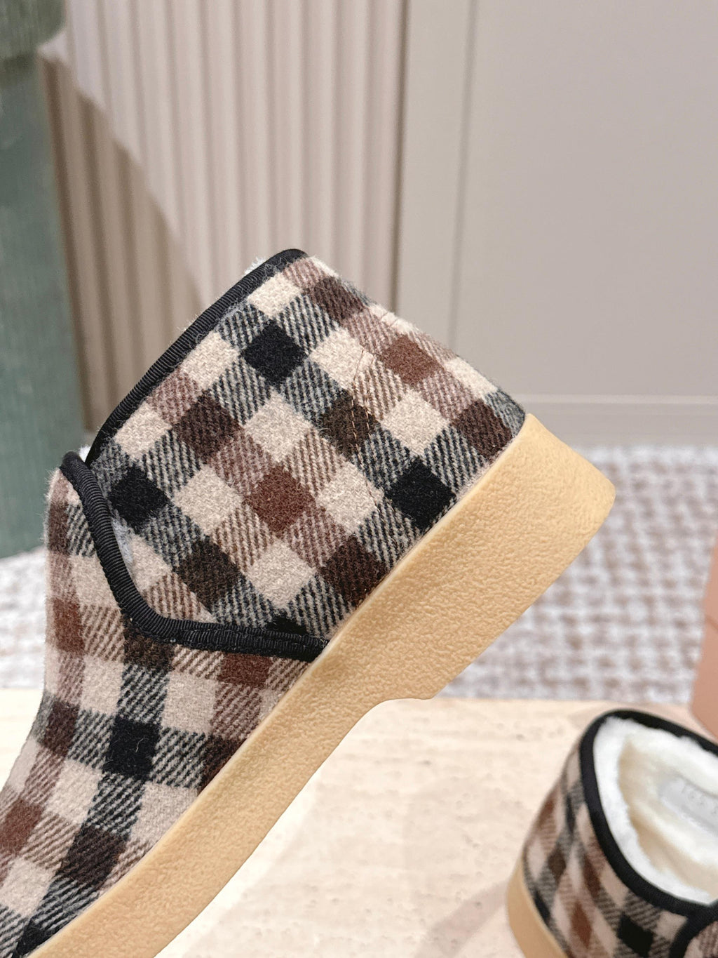 MIUMIU 25S SLIP-ON BOOTIES IN CAMEL BEIGE AND BLUE WOOL WITH SHEARLING