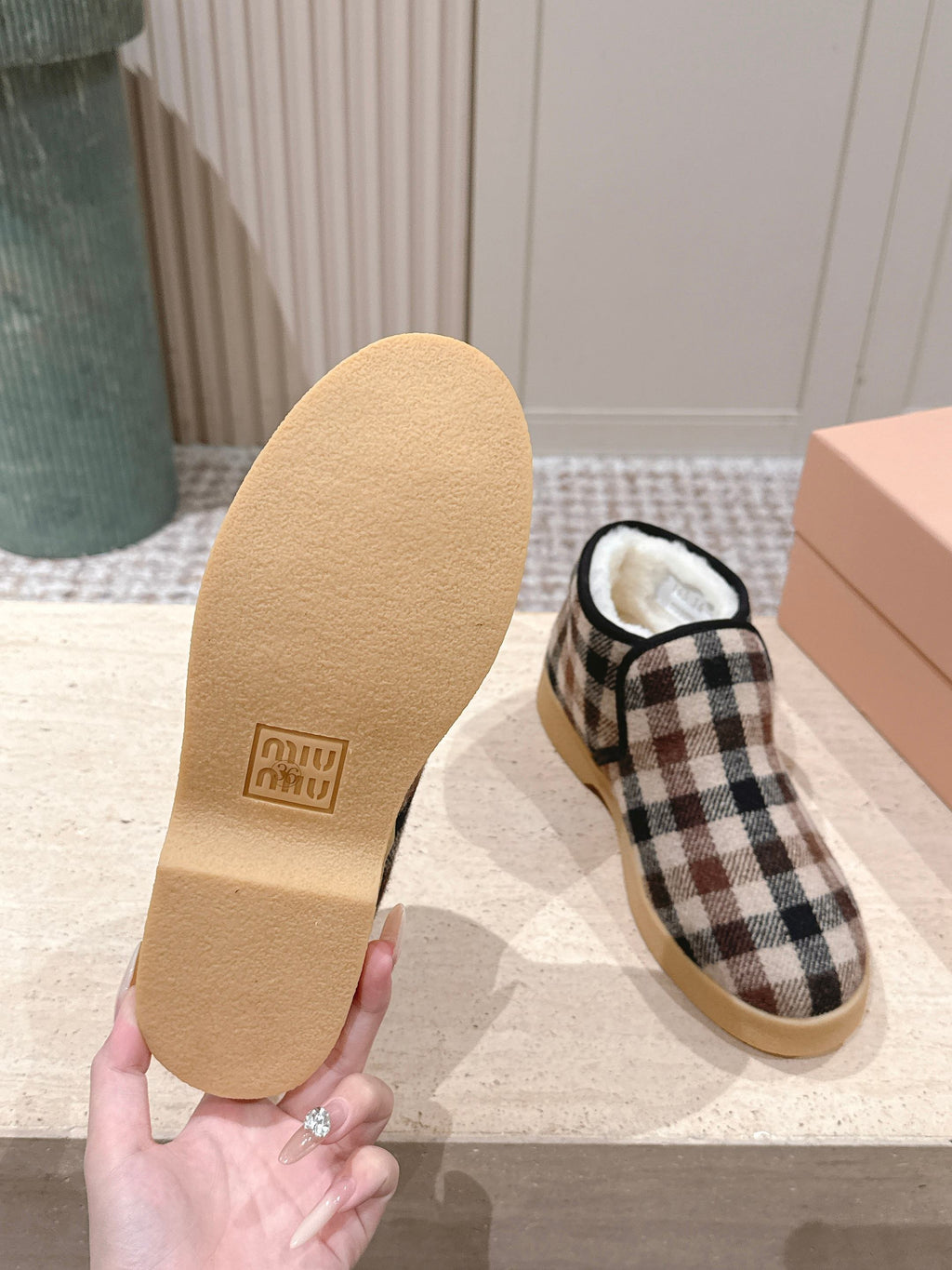 MIUMIU 25S SLIP-ON BOOTIES IN CAMEL BEIGE AND BLUE WOOL WITH SHEARLING