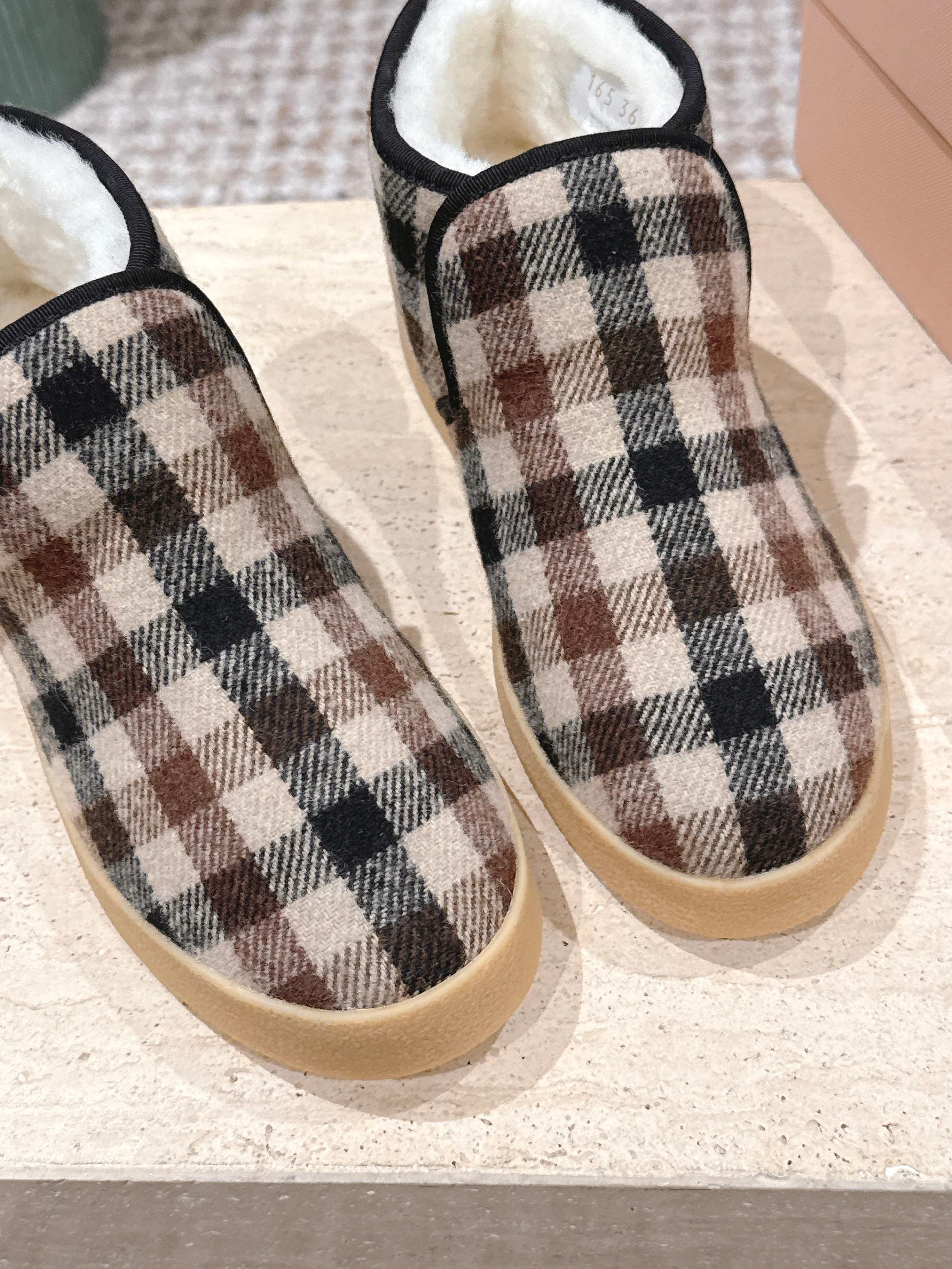 MIUMIU 25S SLIP-ON BOOTIES IN CAMEL BEIGE AND BLUE WOOL WITH SHEARLING