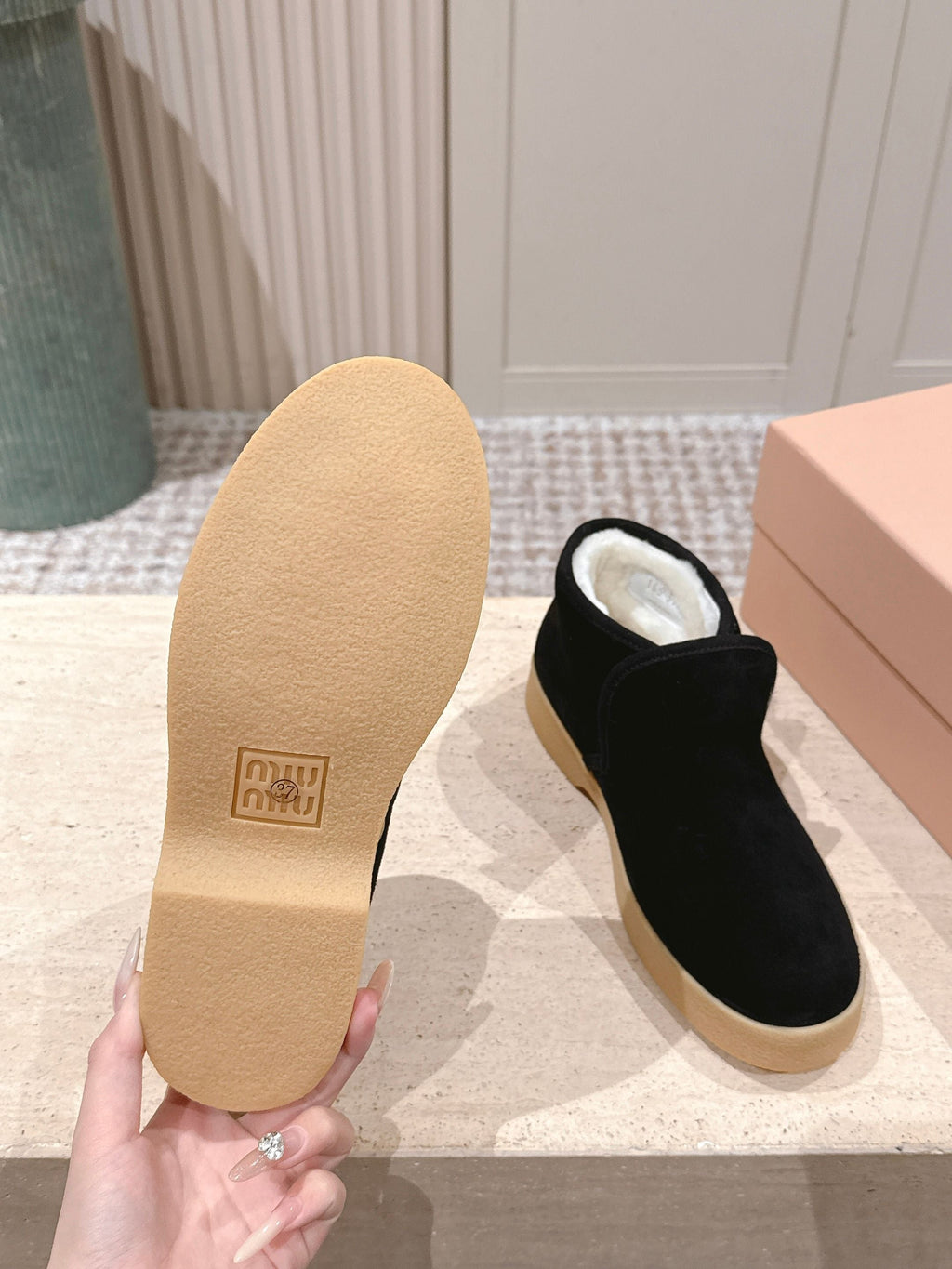 MIUMIU 25S SLIP-ON BOOTIES IN BLACK SUEDE WITH FAUX SHEARLING
