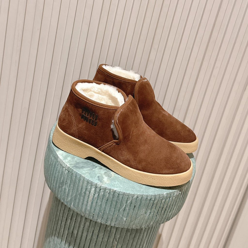 MIUMIU 25S SLIP-ON BOOTIES IN DARK BROWN SUEDE WITH FAUX SHEARLING