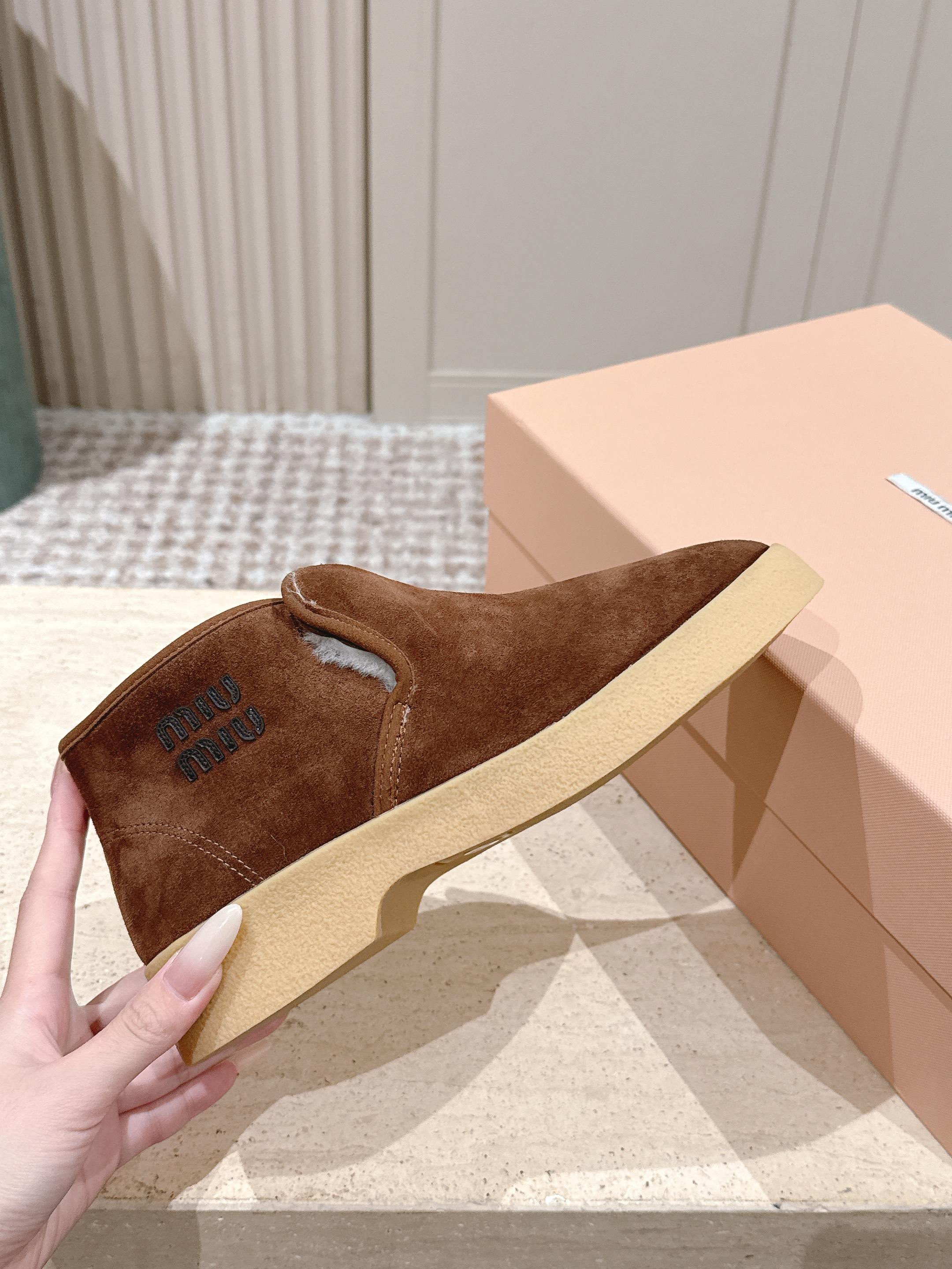 MIUMIU 25S SLIP-ON BOOTIES IN DARK BROWN SUEDE WITH FAUX SHEARLING