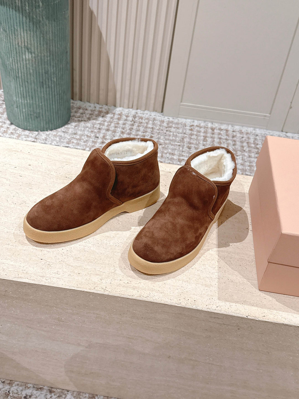 MIUMIU 25S SLIP-ON BOOTIES IN DARK BROWN SUEDE WITH FAUX SHEARLING