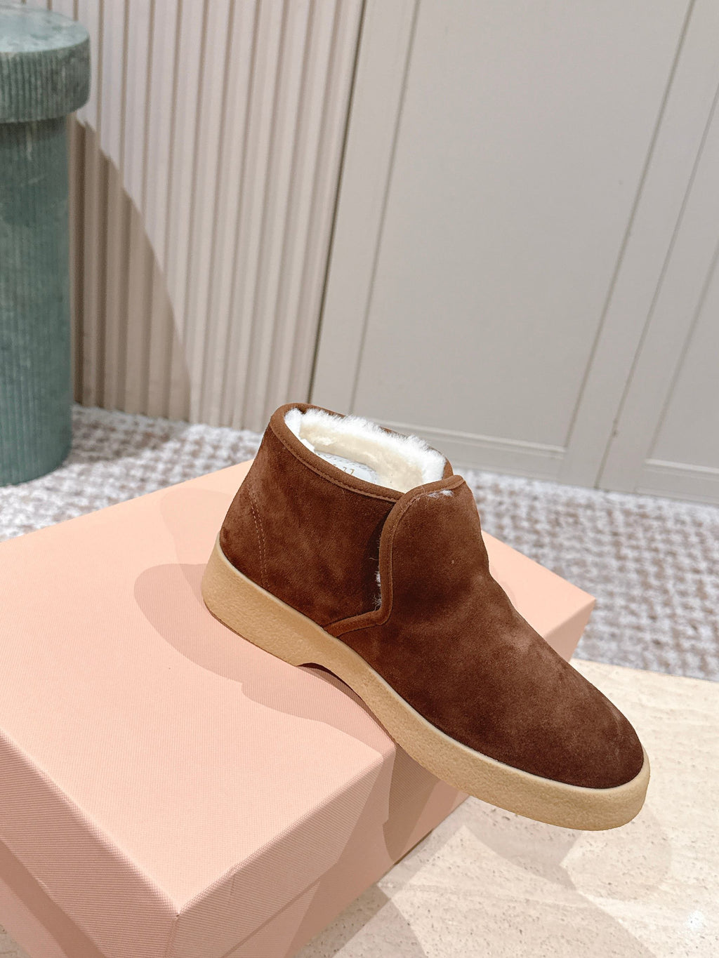 MIUMIU 25S SLIP-ON BOOTIES IN DARK BROWN SUEDE WITH FAUX SHEARLING