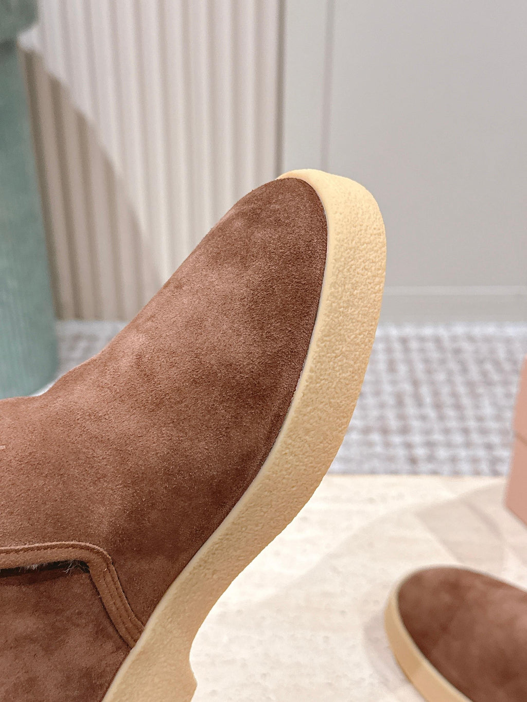 MIUMIU 25S SLIP-ON BOOTIES IN DARK BROWN SUEDE WITH FAUX SHEARLING
