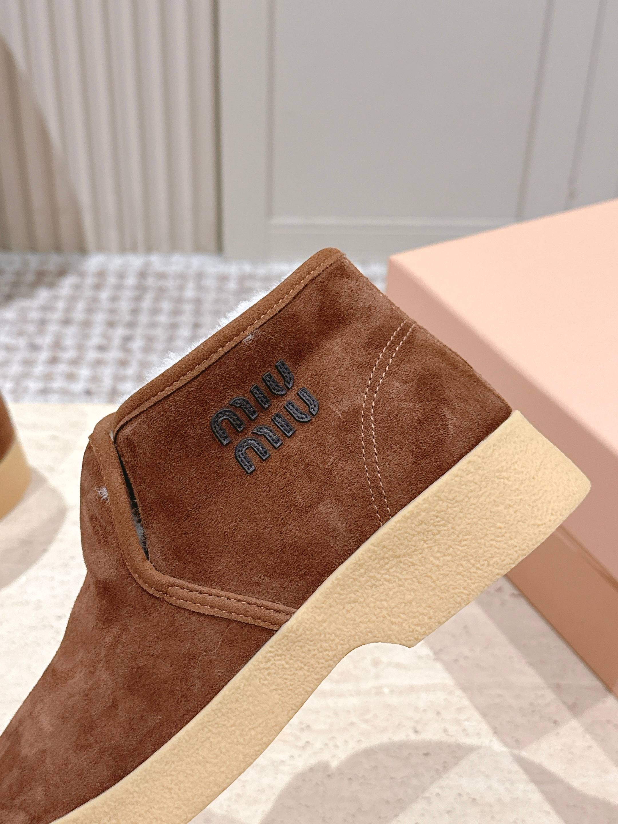 MIUMIU 25S SLIP-ON BOOTIES IN DARK BROWN SUEDE WITH FAUX SHEARLING