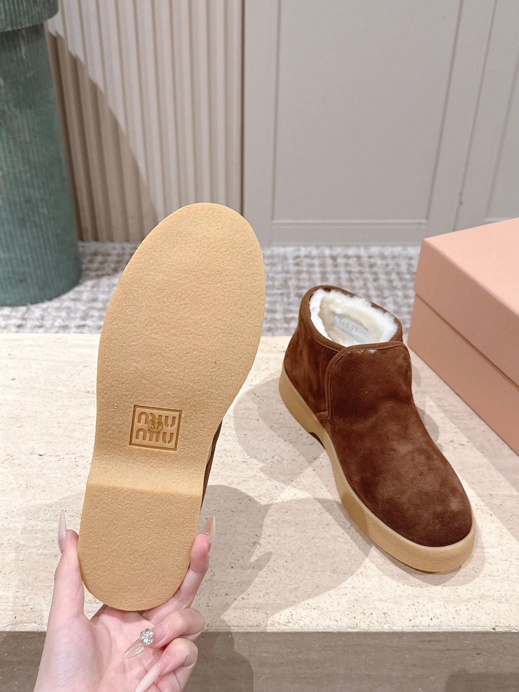 MIUMIU 25S SLIP-ON BOOTIES IN DARK BROWN SUEDE WITH FAUX SHEARLING
