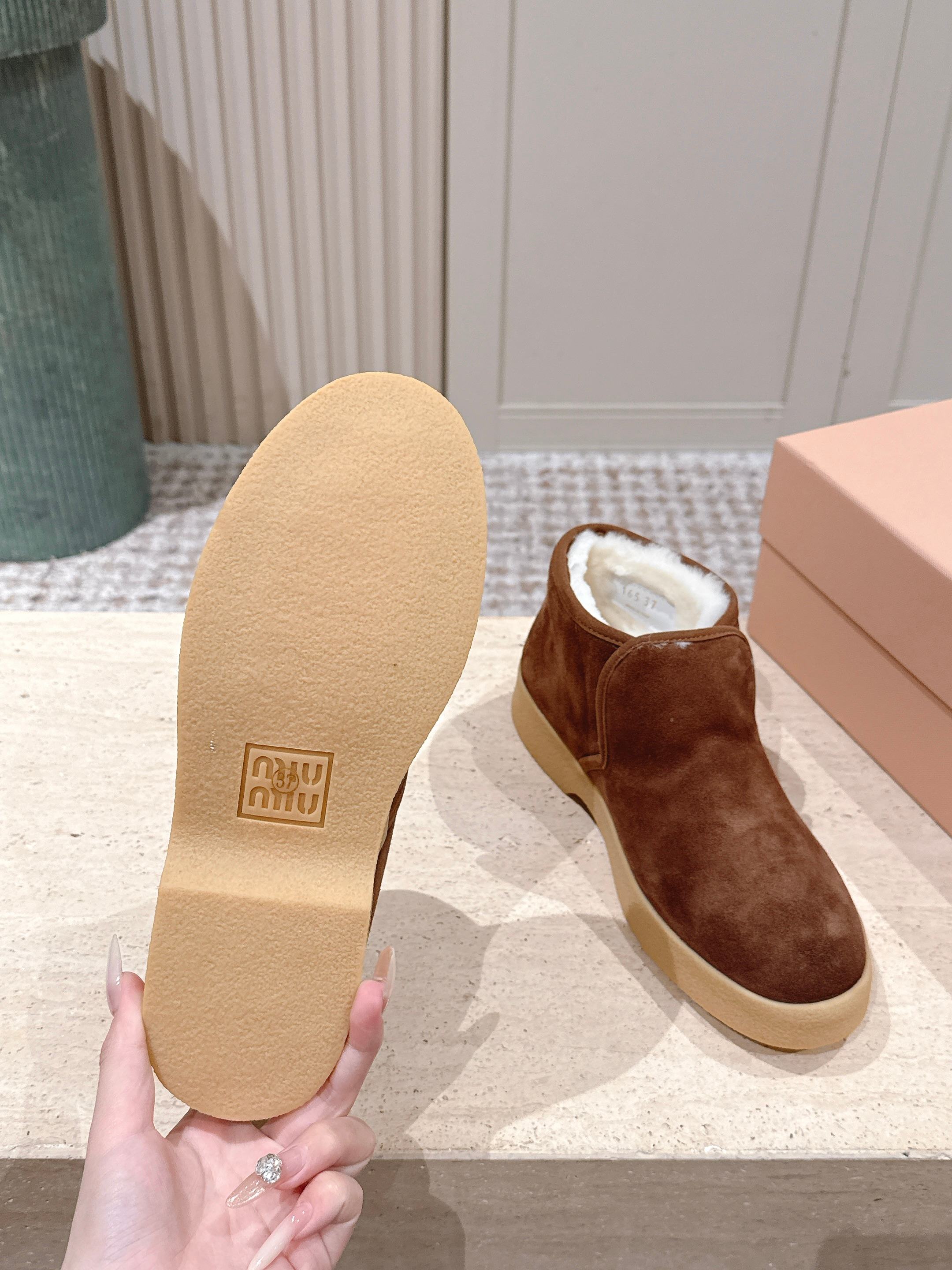 MIUMIU 25S SLIP-ON BOOTIES IN DARK BROWN SUEDE WITH FAUX SHEARLING