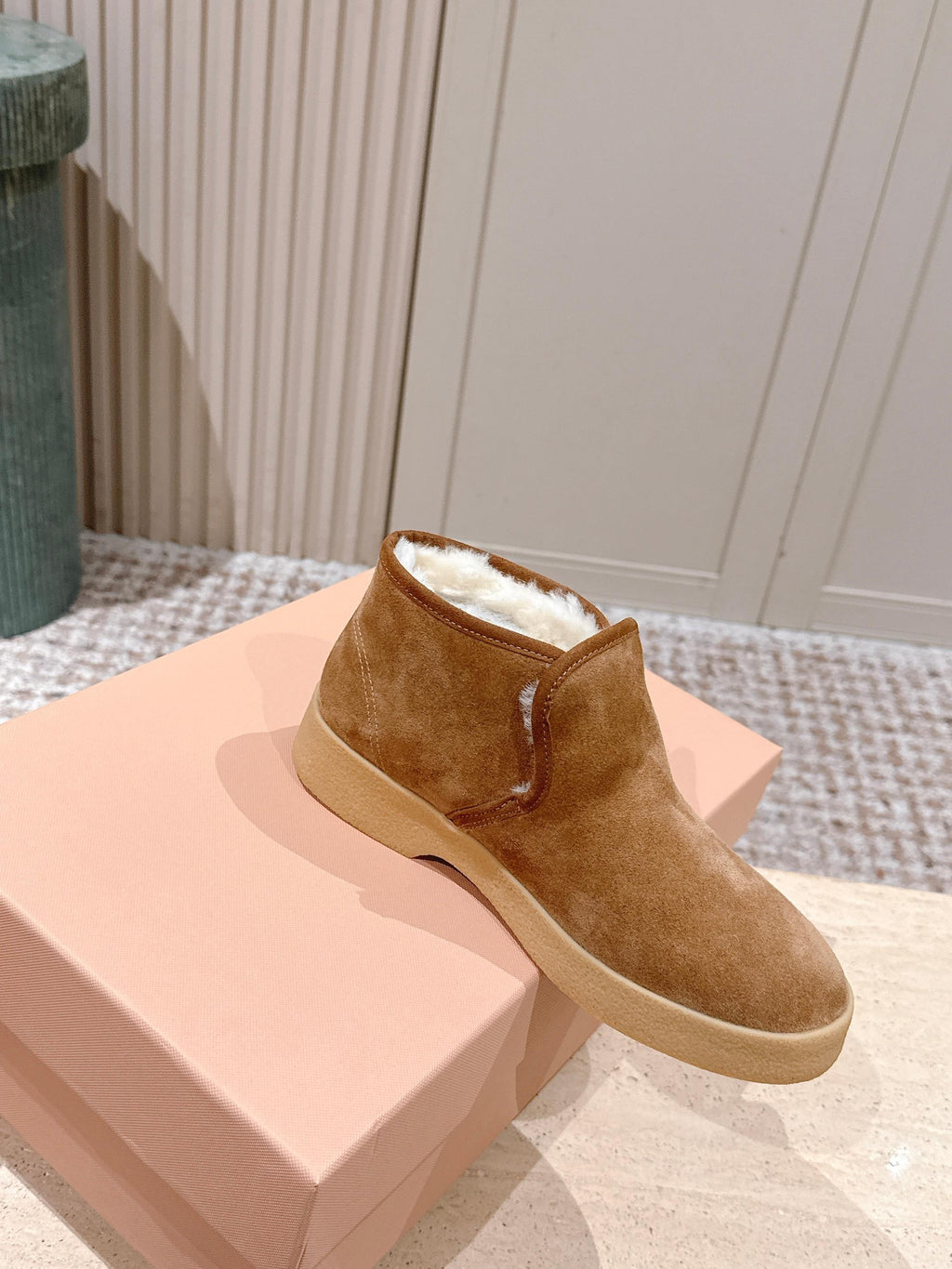 MIUMIU 25S SLIP-ON BOOTIES IN LIGHT BROWN SUEDE WITH FAUX SHEARLING