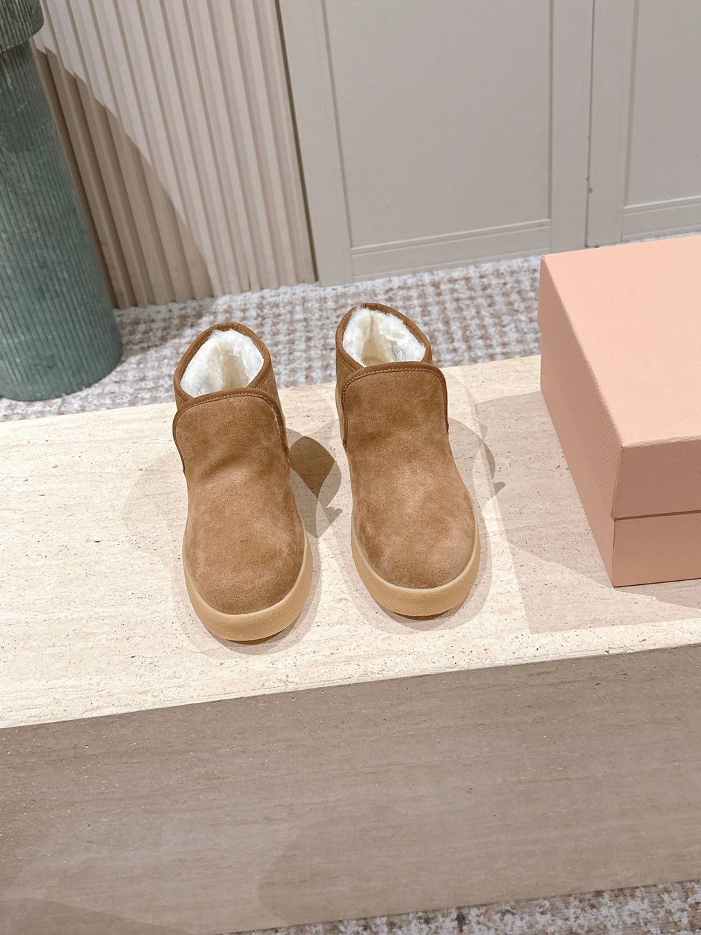 MIUMIU 25S SLIP-ON BOOTIES IN LIGHT BROWN SUEDE WITH FAUX SHEARLING
