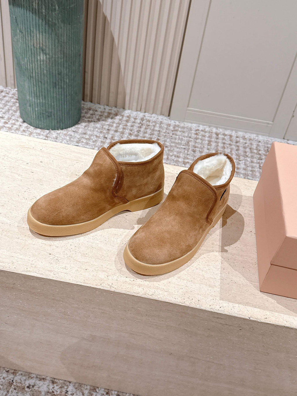 MIUMIU 25S SLIP-ON BOOTIES IN LIGHT BROWN SUEDE WITH FAUX SHEARLING