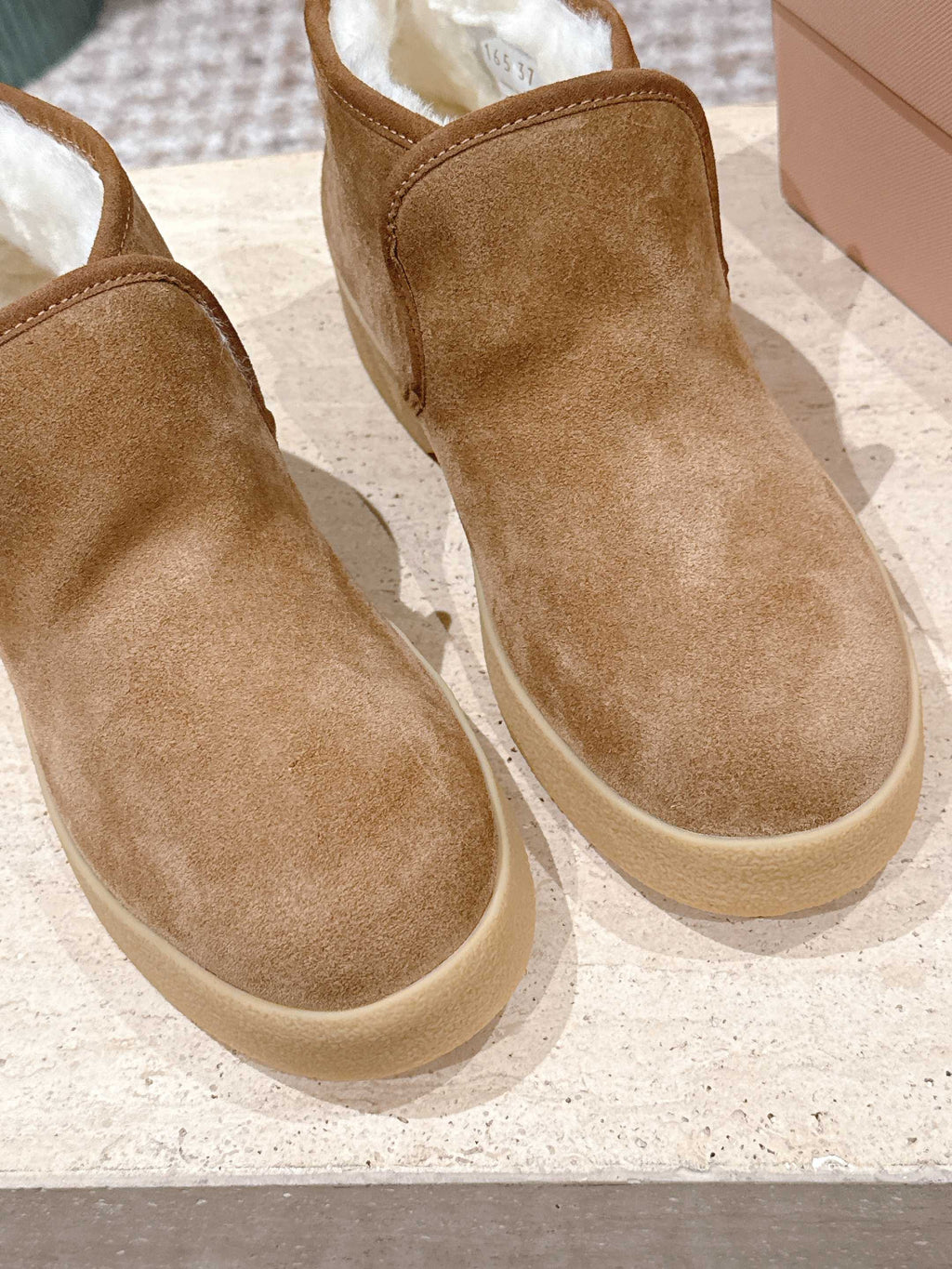 MIUMIU 25S SLIP-ON BOOTIES IN LIGHT BROWN SUEDE WITH FAUX SHEARLING