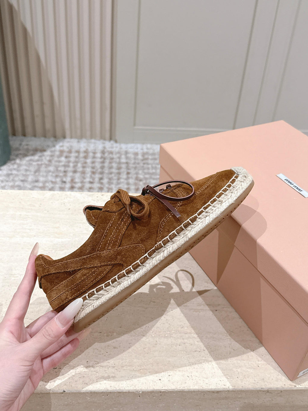 MIUMIU 25S ESPASNEAK ESPADRILLE SNEAKERS IN CARAMEL BROWN SUEDE