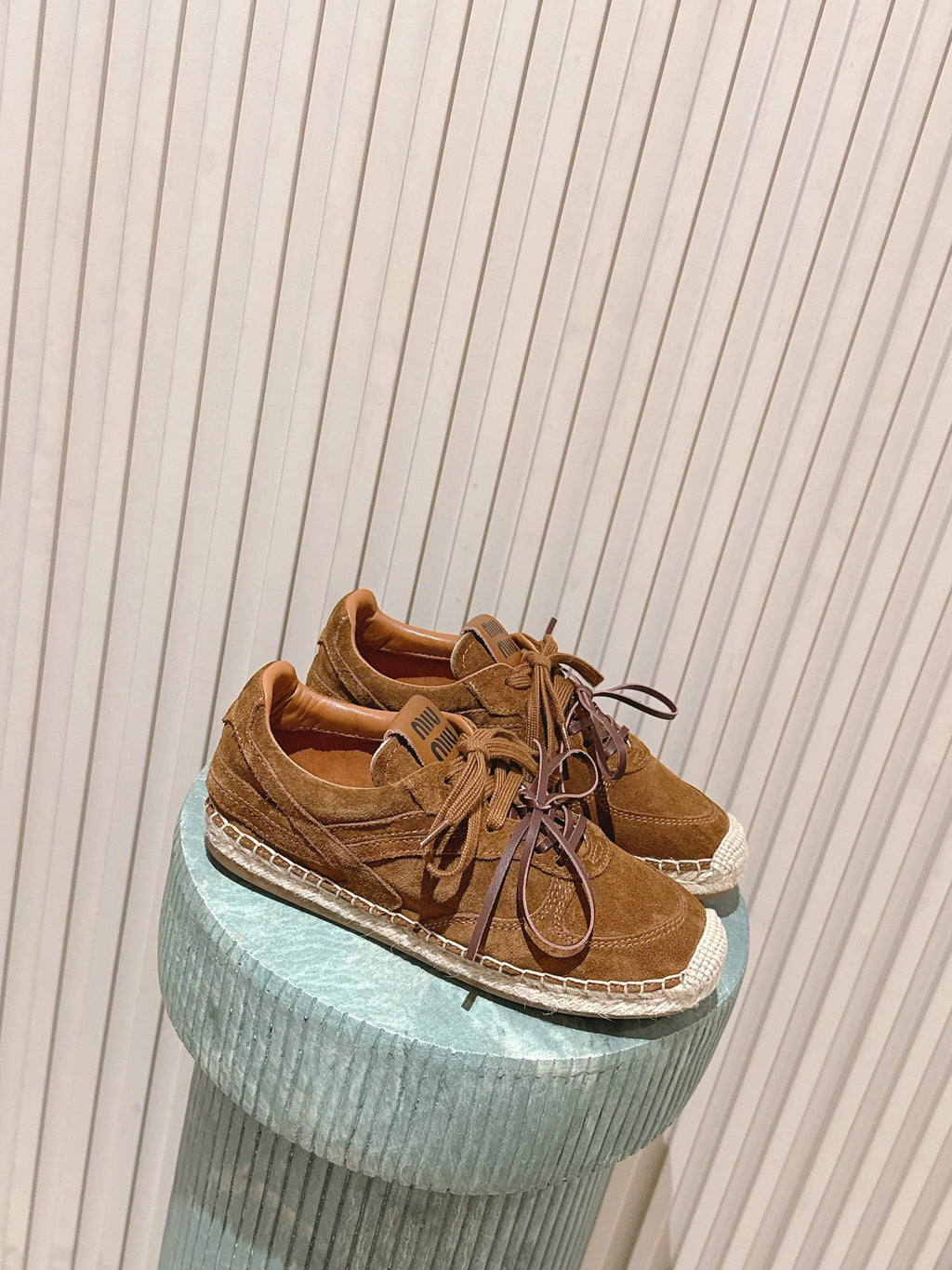 MIUMIU 25S ESPASNEAK ESPADRILLE SNEAKERS IN CARAMEL BROWN SUEDE