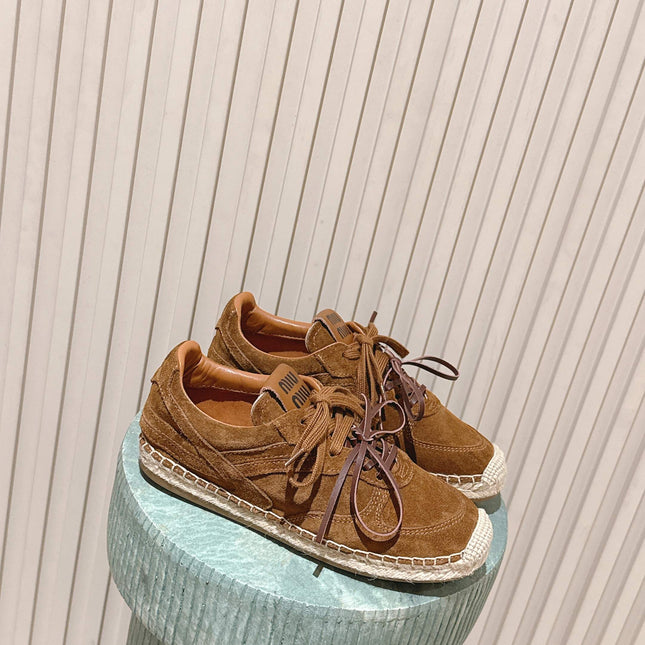 MIUMIU 25S ESPASNEAK ESPADRILLE SNEAKERS IN CARAMEL BROWN SUEDE