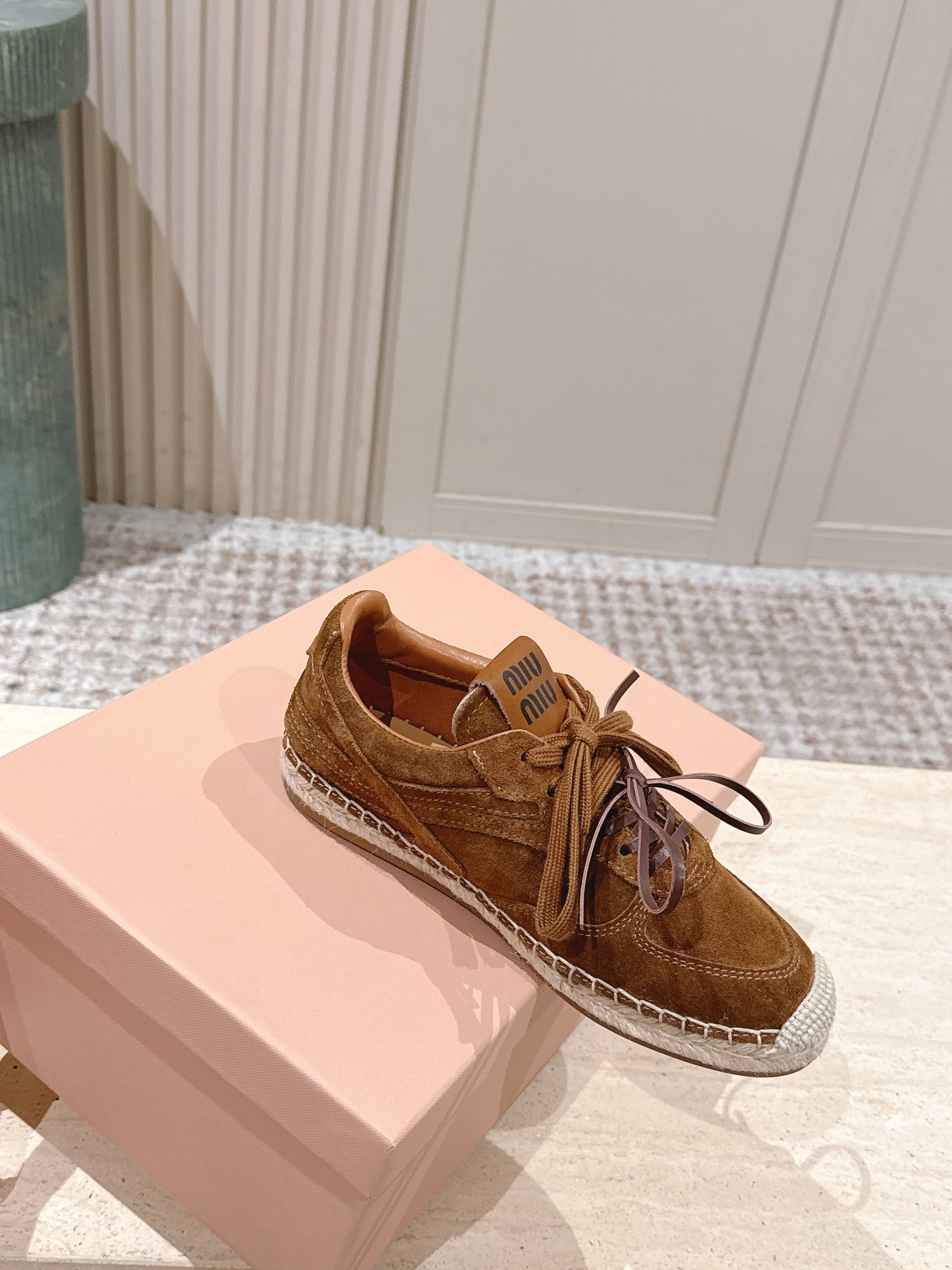 MIUMIU 25S ESPASNEAK ESPADRILLE SNEAKERS IN CARAMEL BROWN SUEDE