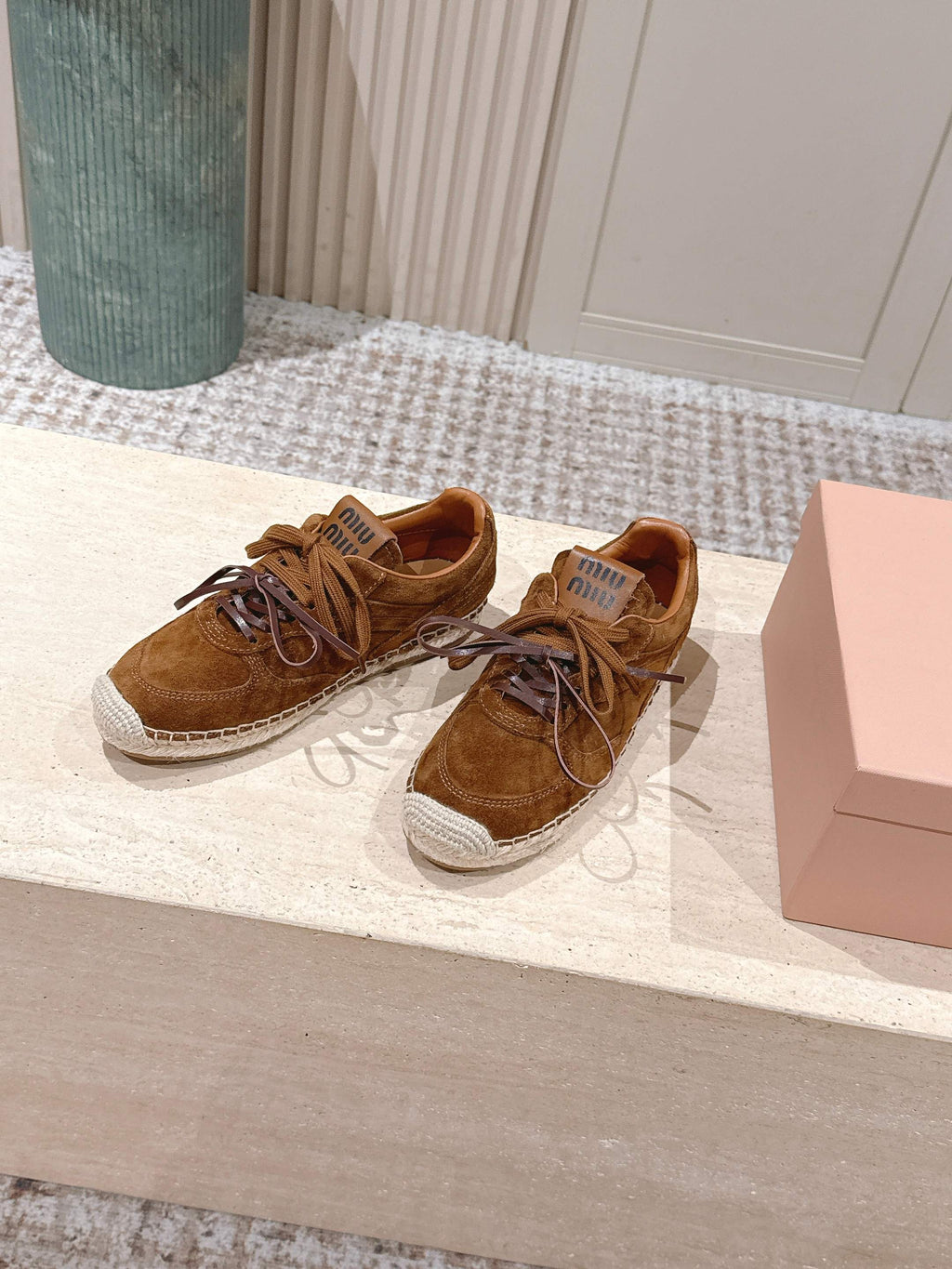 MIUMIU 25S ESPASNEAK ESPADRILLE SNEAKERS IN CARAMEL BROWN SUEDE