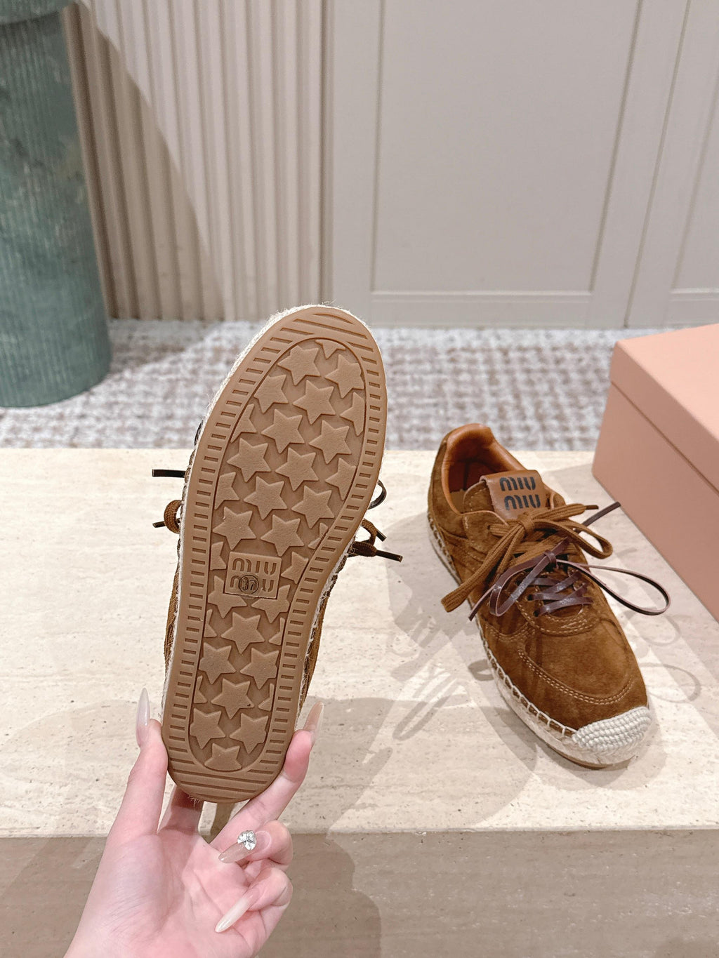 MIUMIU 25S ESPASNEAK ESPADRILLE SNEAKERS IN CARAMEL BROWN SUEDE