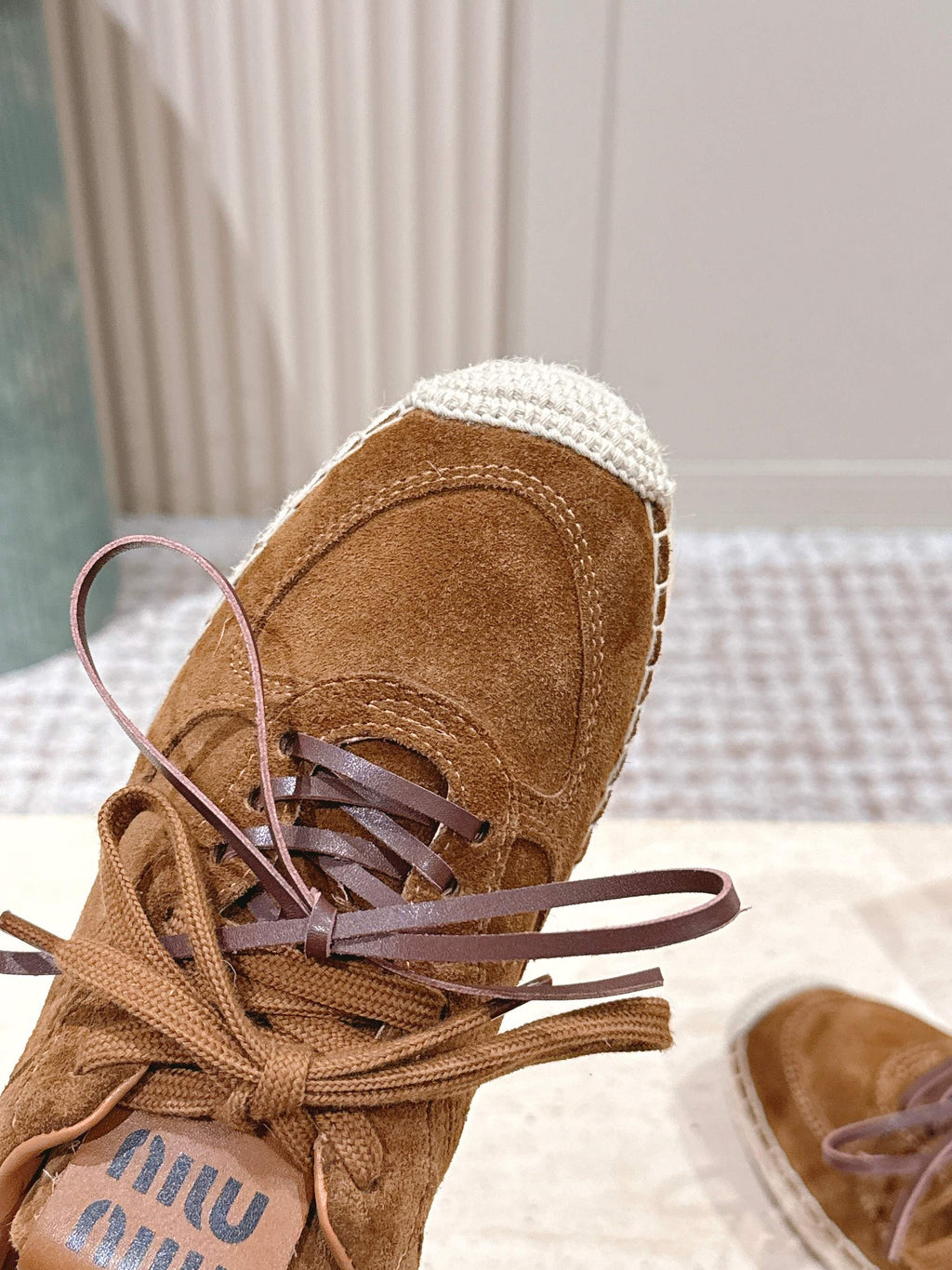 MIUMIU 25S ESPASNEAK ESPADRILLE SNEAKERS IN CARAMEL BROWN SUEDE
