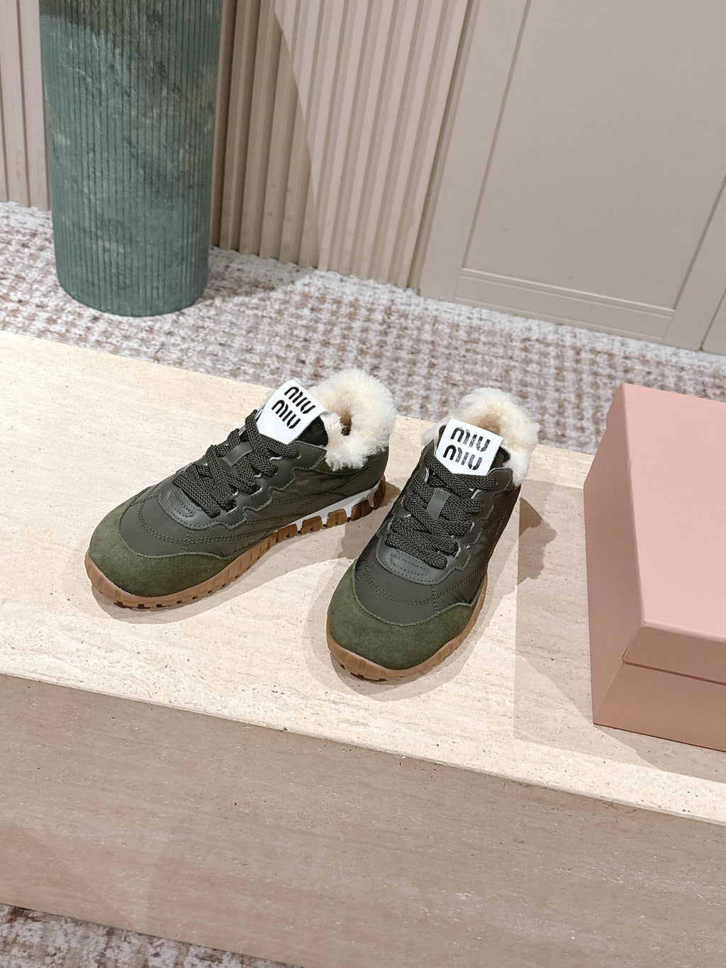MIUMIU 25S SNEAKERS IN LODEN GREEN TYRE TECHNICAL FABRIC AND SUEDE SHEARLING