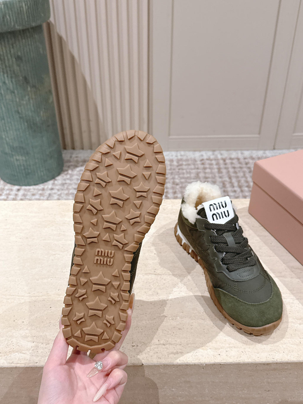 MIUMIU 25S SNEAKERS IN LODEN GREEN TYRE TECHNICAL FABRIC AND SUEDE SHEARLING