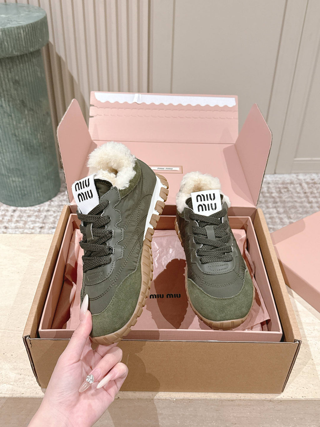 MIUMIU 25S SNEAKERS IN LODEN GREEN TYRE TECHNICAL FABRIC AND SUEDE SHEARLING