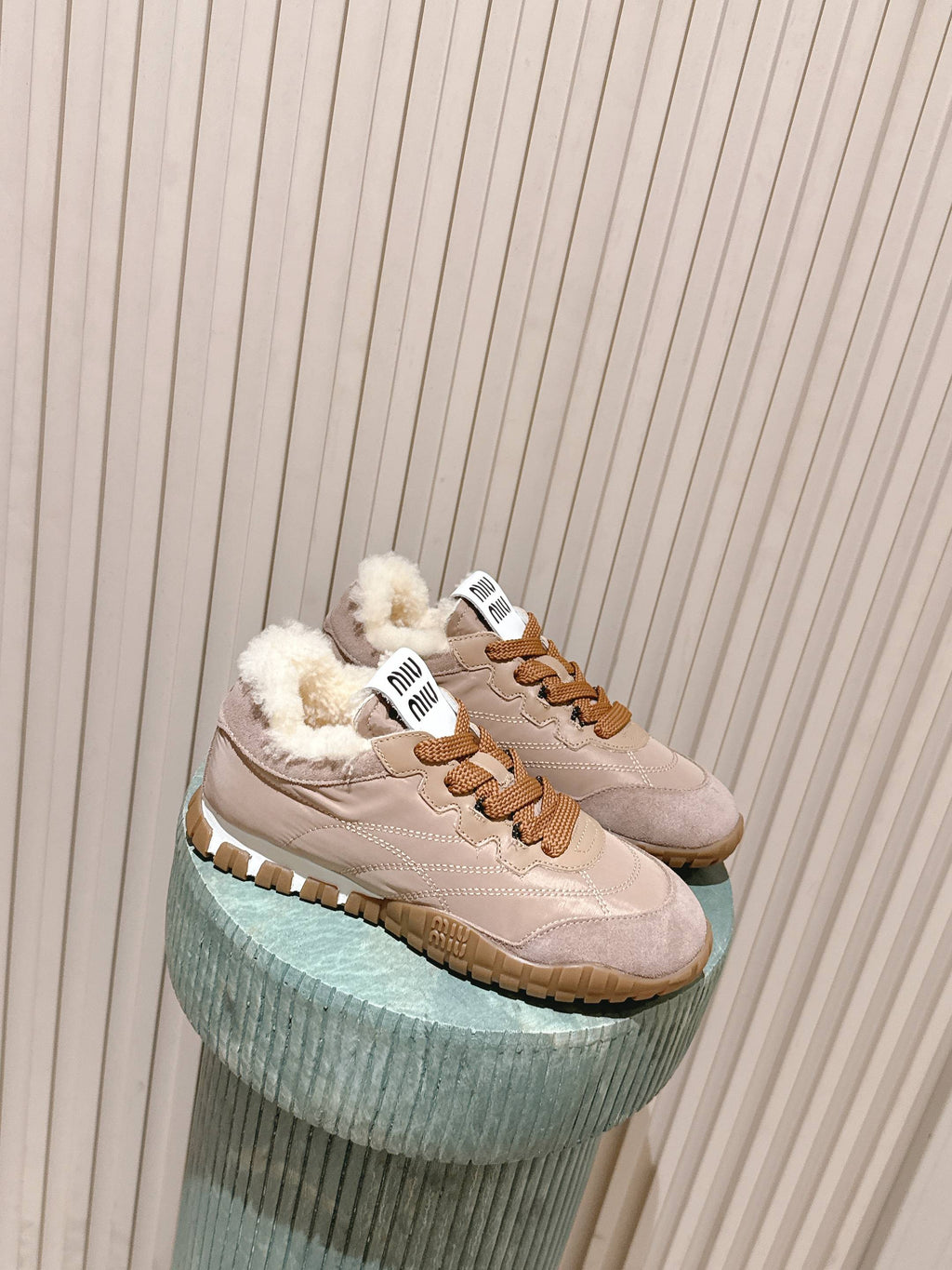 MIUMIU 25S SNEAKERS IN DARK ROSE TYRE TECHNICAL FABRIC AND SUEDE SHEARLING