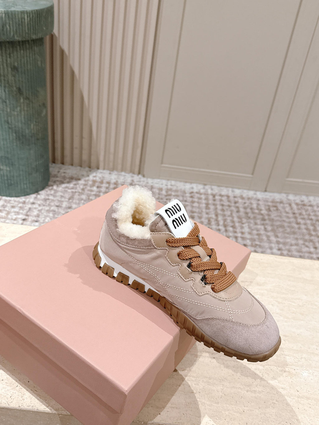 MIUMIU 25S SNEAKERS IN DARK ROSE TYRE TECHNICAL FABRIC AND SUEDE SHEARLING