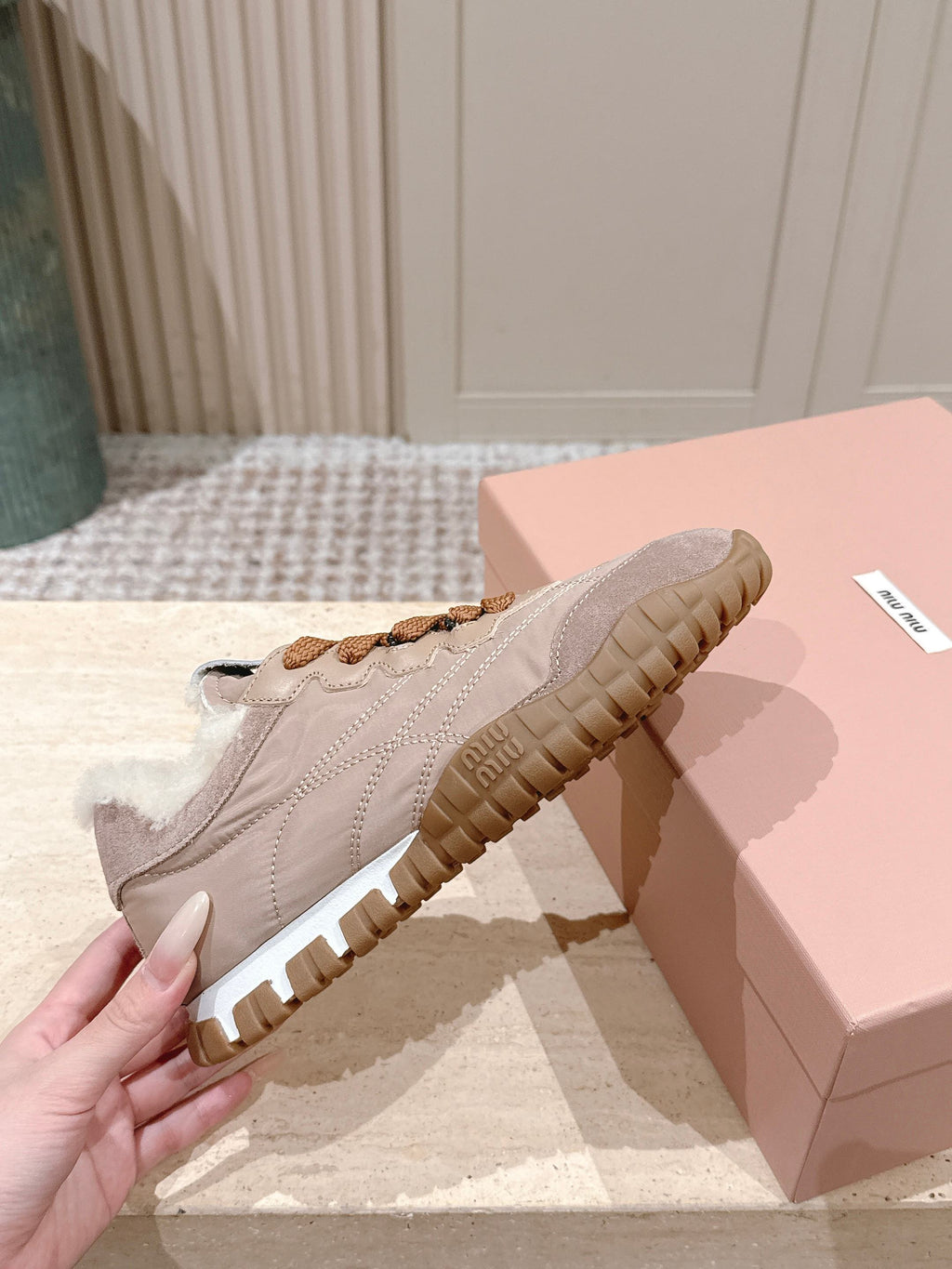 MIUMIU 25S SNEAKERS IN DARK ROSE TYRE TECHNICAL FABRIC AND SUEDE SHEARLING