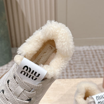 MIUMIU 25S SNEAKERS IN IVORY TYRE TECHNICAL FABRIC AND SUEDE SHEARLING